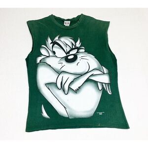 Vintage 90s Taz T-Shirt Green Large Looney Tunes Big Face Sleeveless 1995